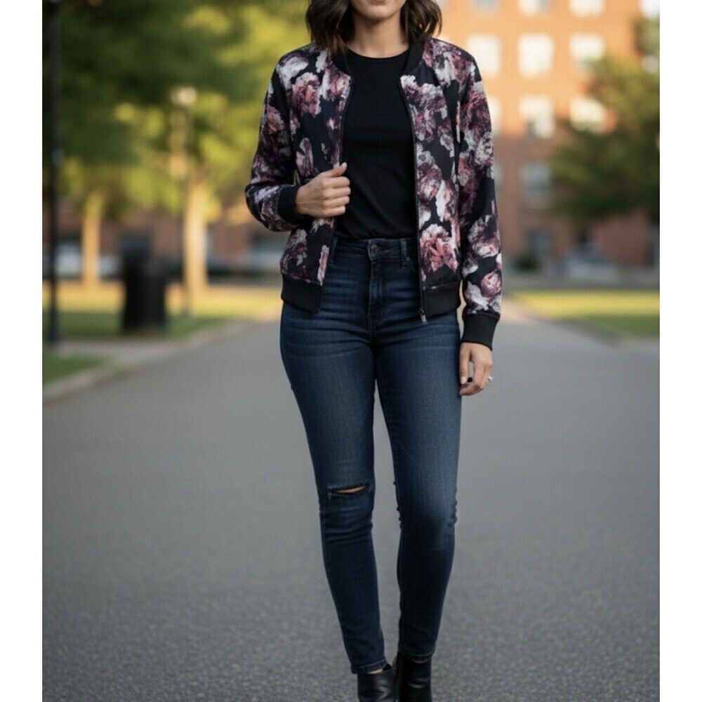 Victoria Secret Sport Black Floral French Terry Bomber Jacket Size XS
